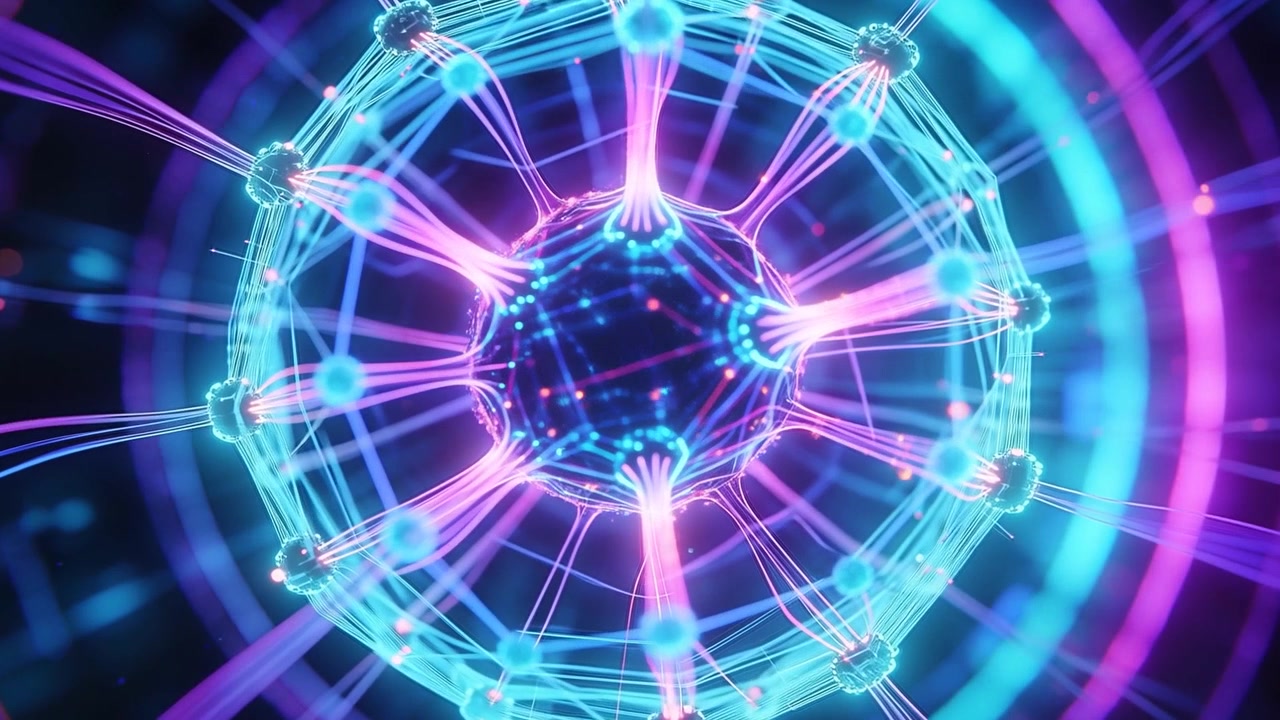Telecamera che zooma rivelando un reticolo al neon che pulsa e ruota nello spazio, mostrando un nucleo interno e filamenti