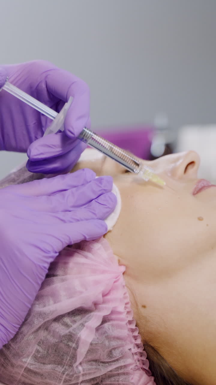 A client is undergoing mesotherapy in the beauty salon using injections on the background of different cosmetics. Beauty industry. Vertical video