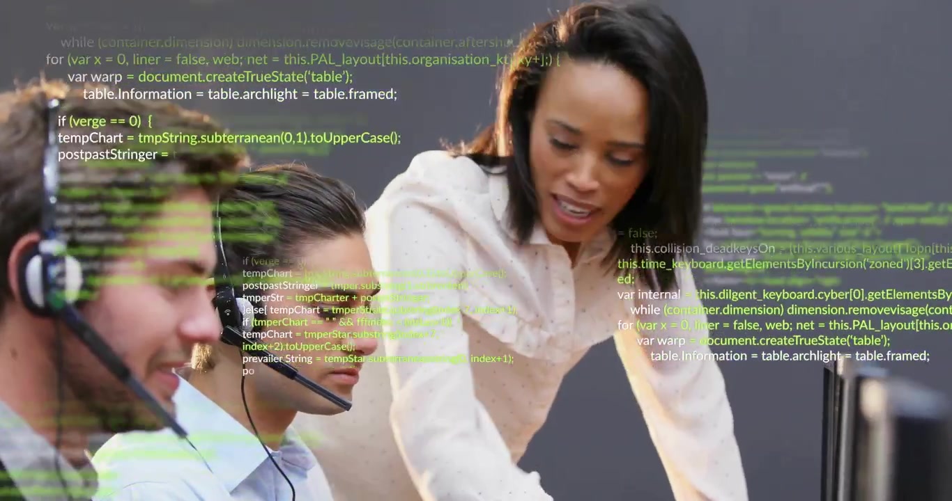 Agents typing after headset on at call center while supervisor pointing animated code for support