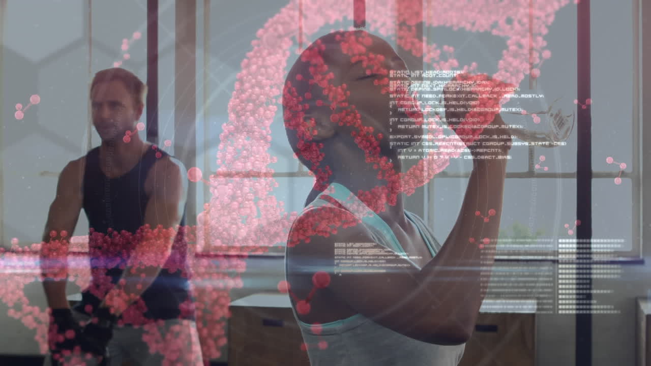 estructura de adn girando y procesamiento de datos sobre una chica afroamericana bebiendo agua en el gimnasio