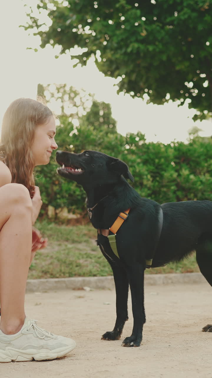 A woman and her dog in the park