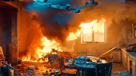 a kitchen with a table and chairs in front of a fire