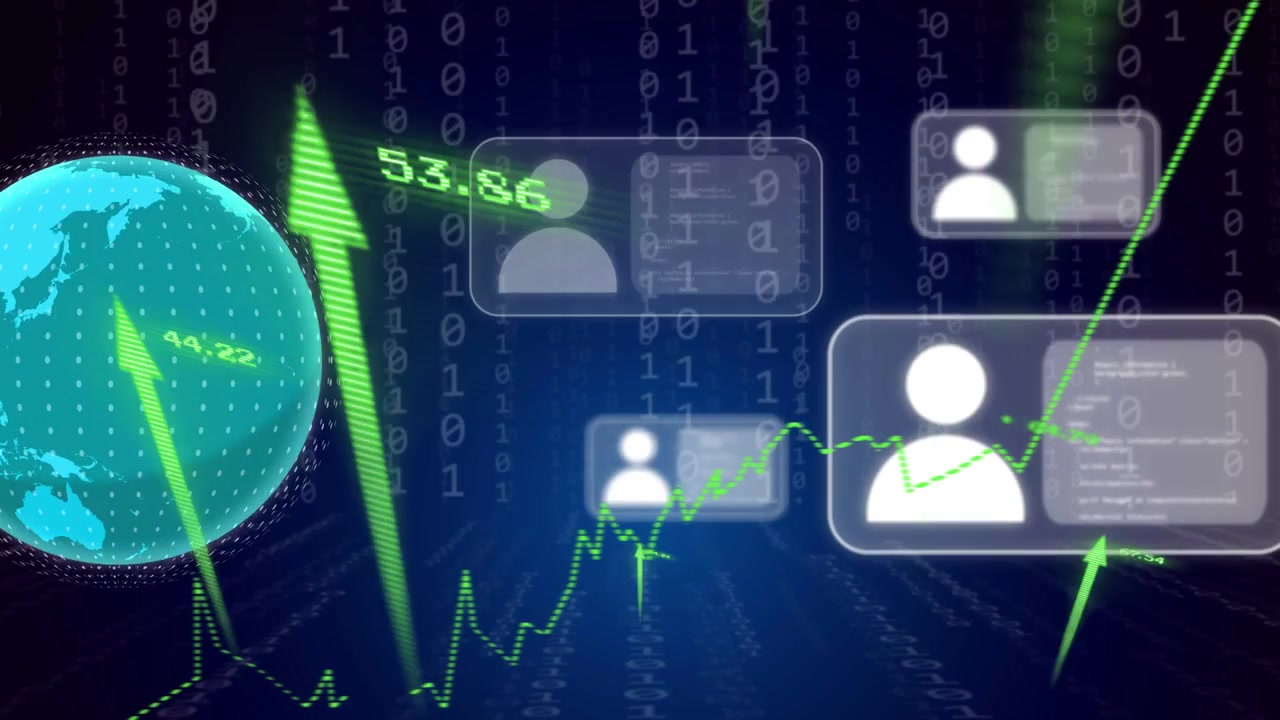 Green line moving causing globe entering cards floating and arrows rising indicating gains