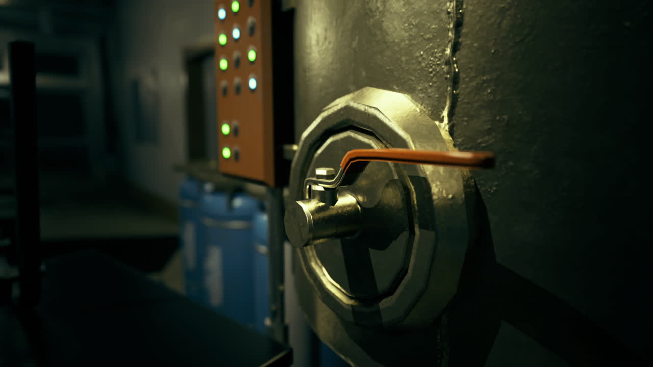 Nighttime close up of an industrial control valve