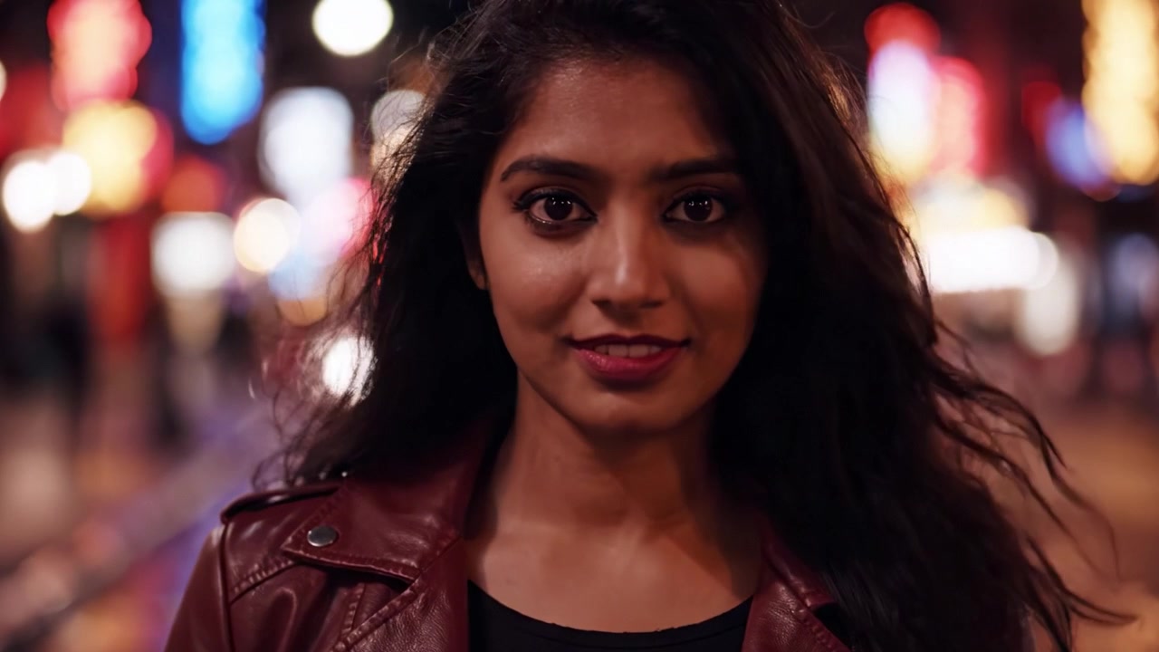 Um Retrato de Confiança: Mulher Cativante Posa Graciosamente Contra uma Paisagem Noturna Vibrante da Cidade, Abraçando a Energia da Vida Urbana em um Close-Up Deslumbrante