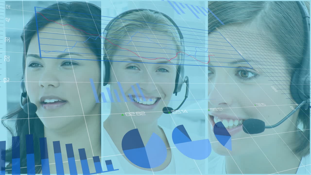 animación del procesamiento de datos en diversas personas de negocios que utilizan auriculares telefónicos