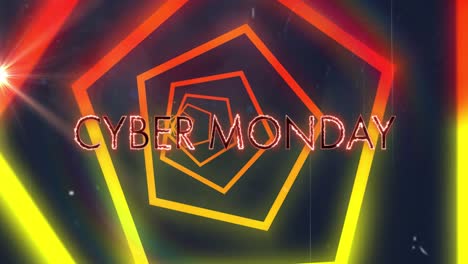 Animation-of-orange-and-yellow-neon-geometrical-shapes-over-cyber-monday-text