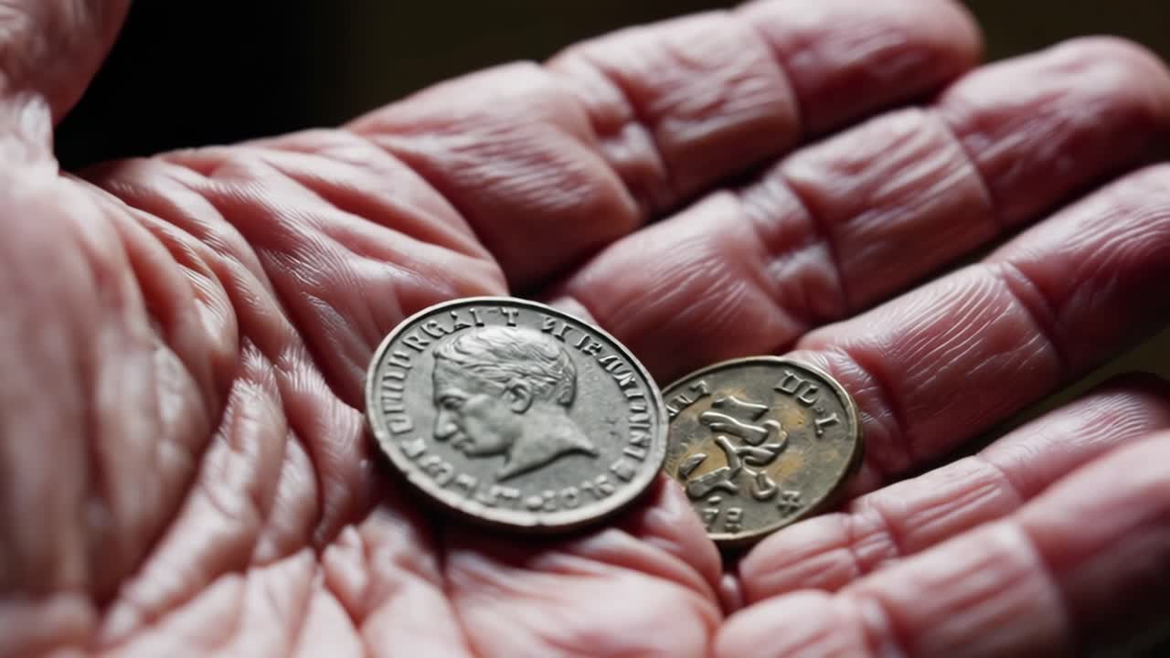 Wrinkled hand of an elderly person grasping two vintage Italian coins, including a 500 lire coin, stirring nostalgia for a past filled with different currency and memories