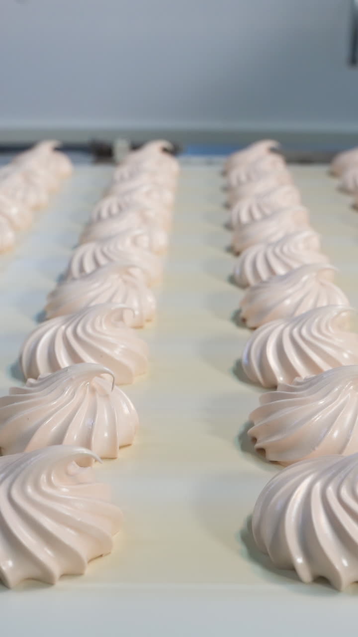 Production of marshmallows. An automated line for the production of sweet marshmallows from natural food products. Vertical video