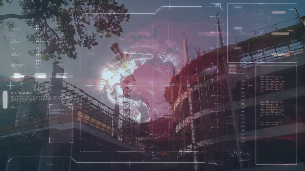 Animation of construction site showing digital interface with data and connections