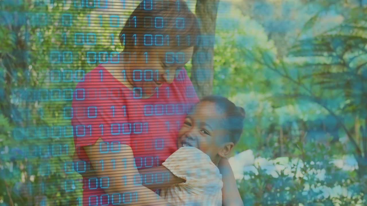 Mom holding child in park, child pressing closer expressing affection, binary overlaying left, tech