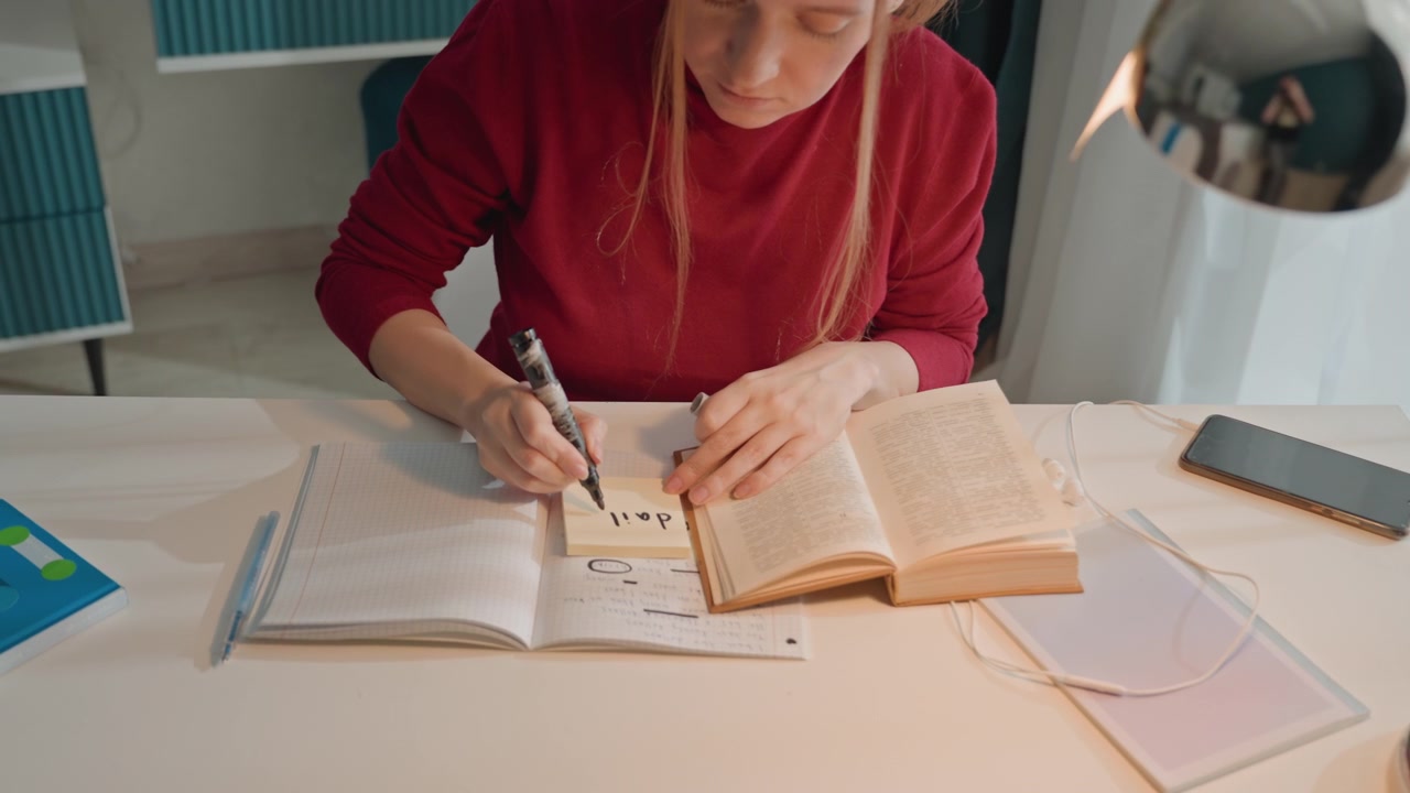 Young woman in red sweater writes on sticky notes. Woman organizes study materials including notebooks pens. Modern room features teal striped furniture light colored walls