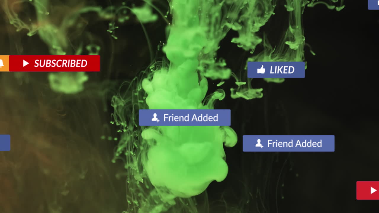 검은 바탕에 녹색 액체 위에 아이콘으로 소셜 미디어 텍스트의 애니메이션