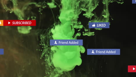 animación de textos de redes sociales con iconos sobre líquido verde sobre fondo negro