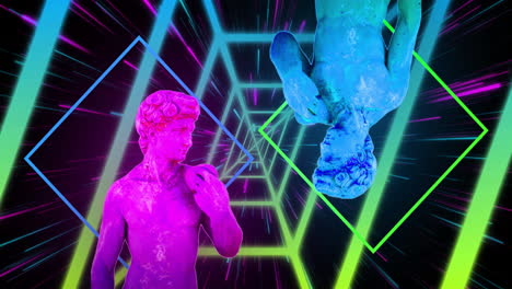 animation of interference over shapes moving and sculptures on black background