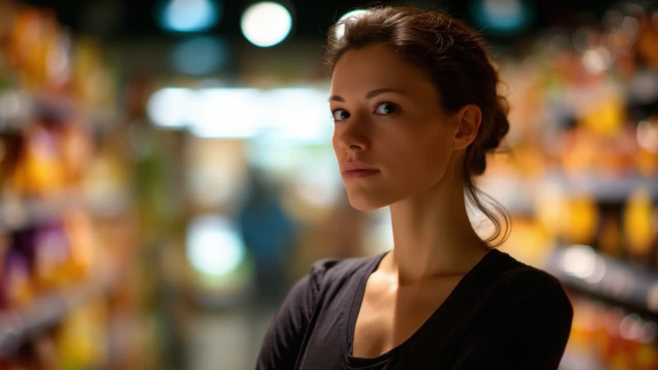 A Pensive Woman Stands in an Aisle Surrounded by Colorful Product Shelves, Deep in Thought in a Grocery Store Setting with Soft, Blurred Background Lighting