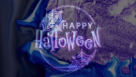 Animación-De-Texto-De-Feliz-Halloween-Y-Telarañas-Sobre-Fondo-Morado-Y-Negro