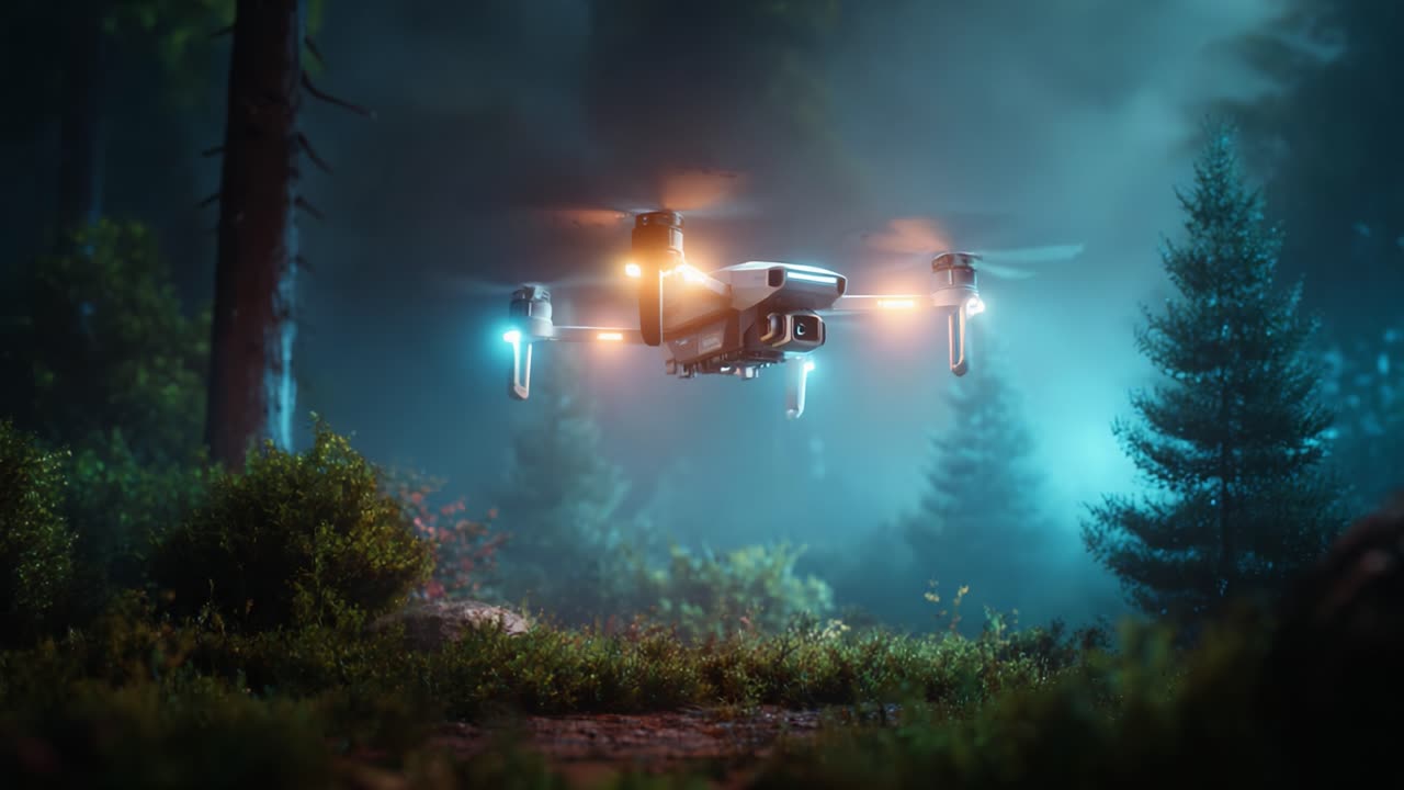 A Drone Soaring Through a Mysterious Forest at Night, Showcasing Advanced Technology and Captivating Scenery Under a Dreamlike Blue Glow