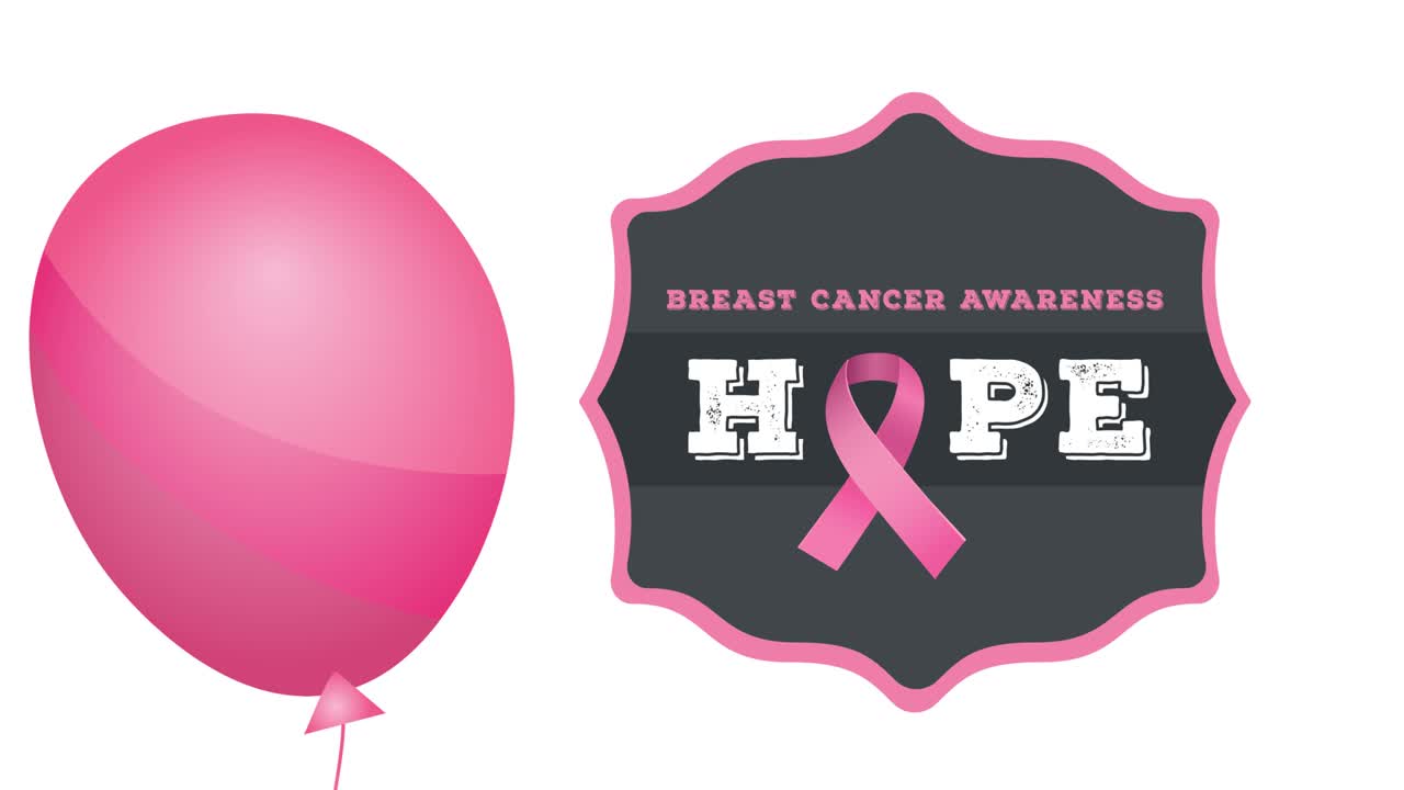 분홍색 리본 로고와 유방암 텍스트 위에 날아다니는 분홍색 풍선의 애니메이션