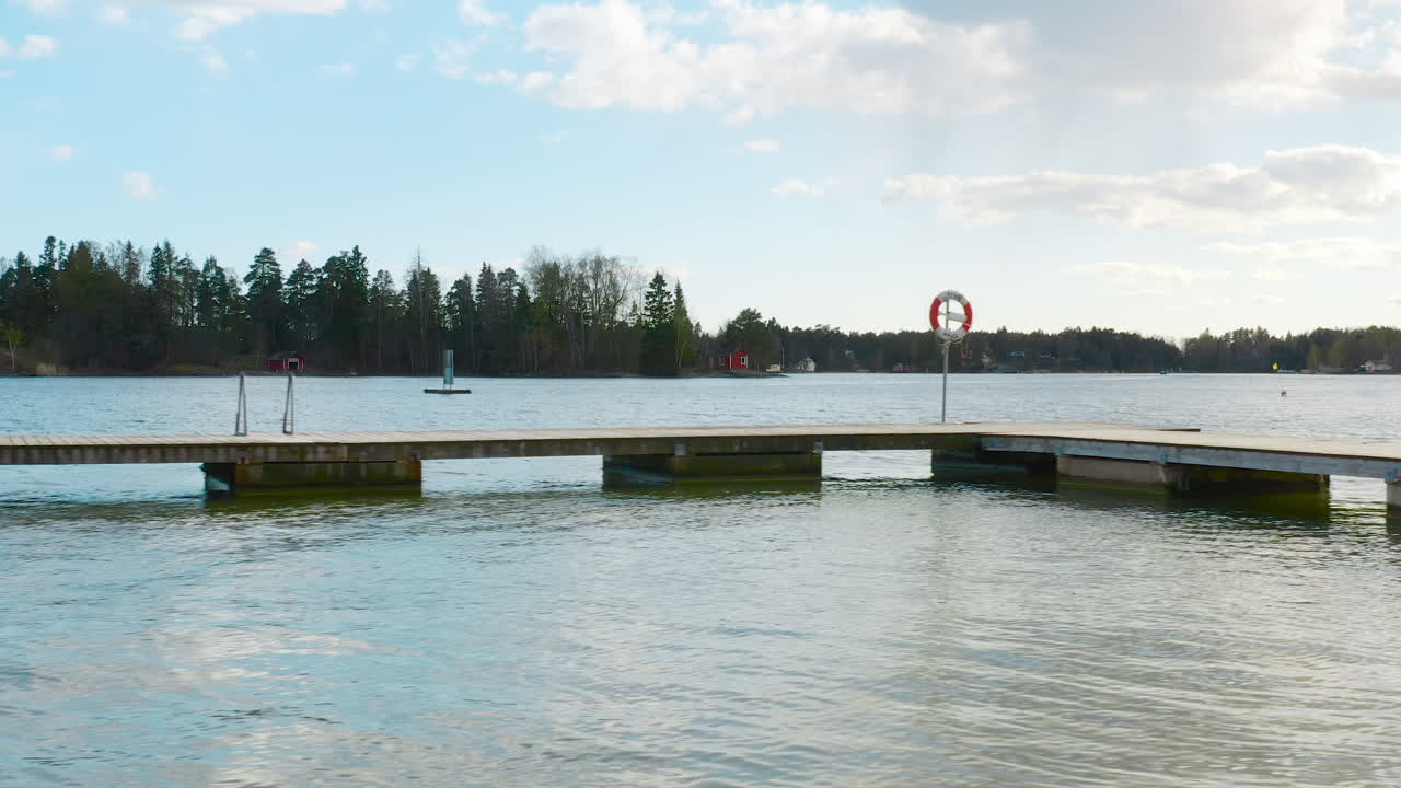 Panning past a dock revealing a motorboat on the waters with a tree-lined horizon and blue skies.
