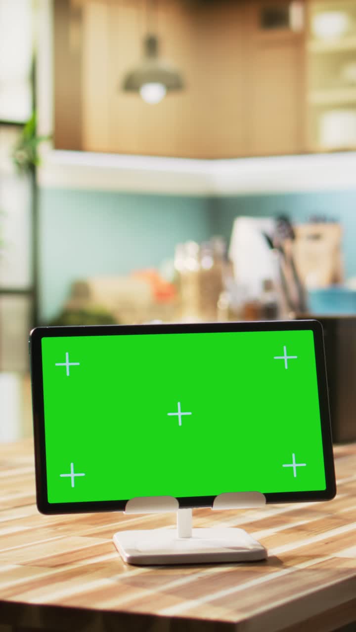 Vertical Video Green screen on laptop in the kitchen with rustic counter and elegant lighting