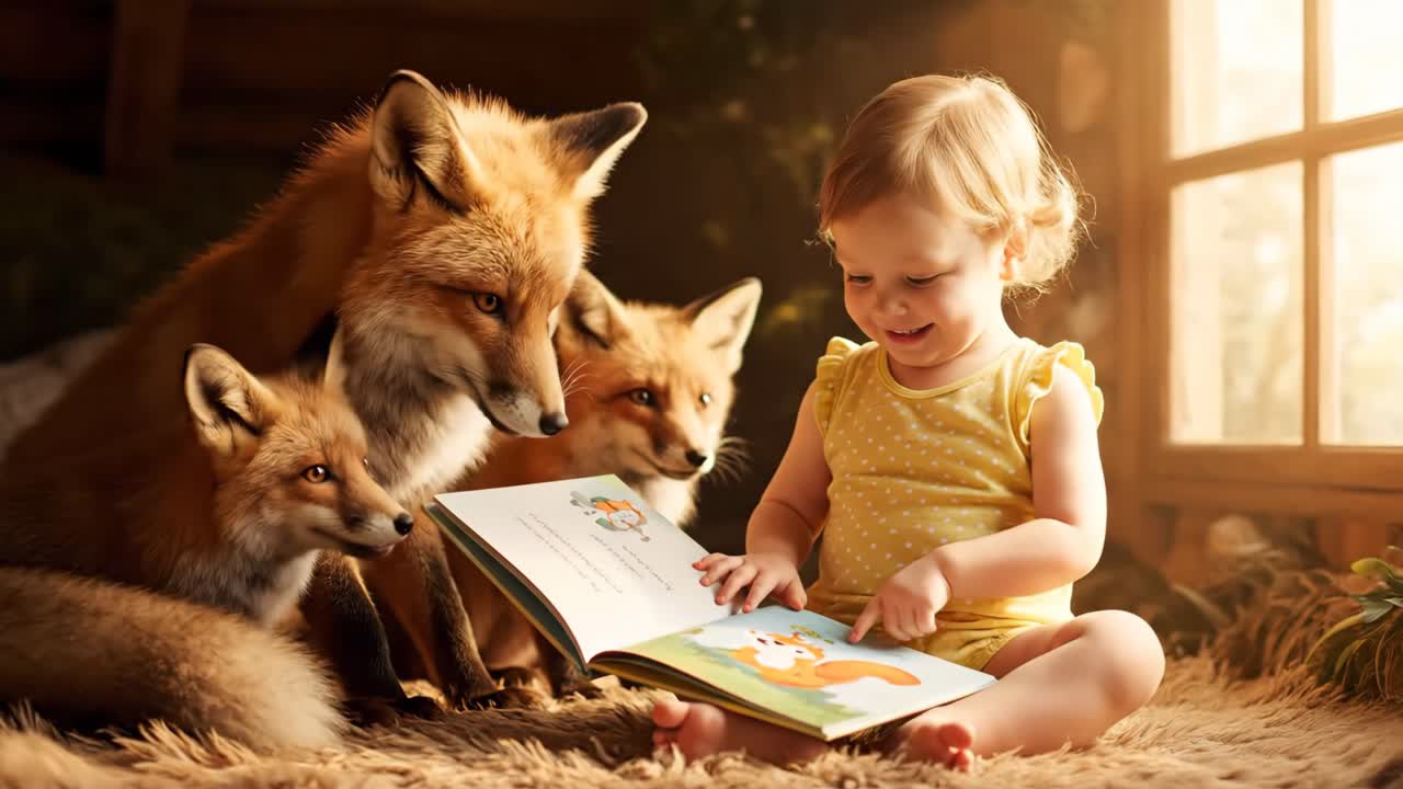Child Reading to a Group of Foxes