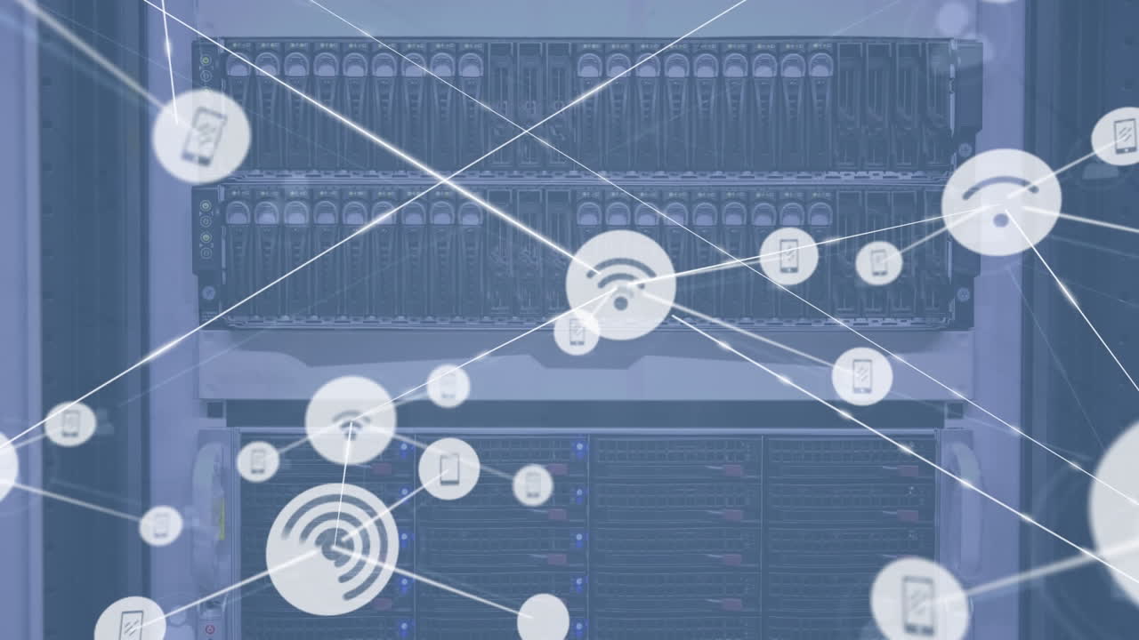 Animation of network of digital icons against close up of a computer server