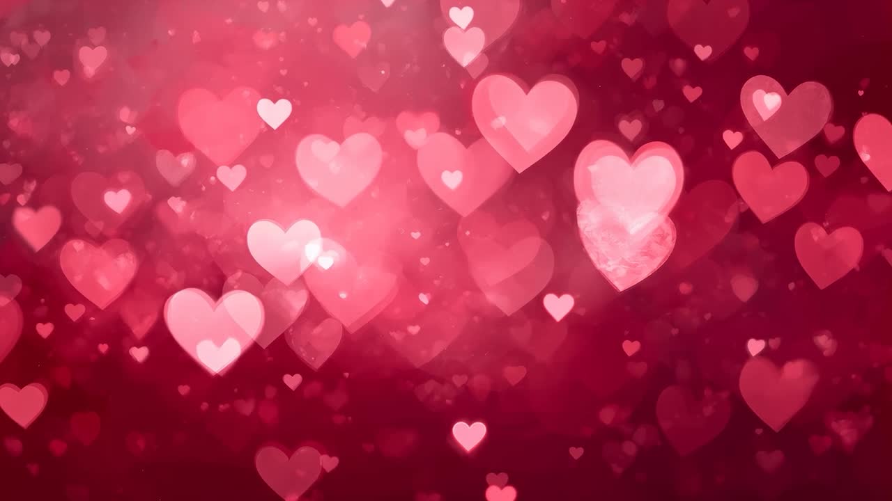 Avvio loop, cluster mobile di cuori rosa che pulsa su un gradiente rosso intenso per uno sfondo romantico