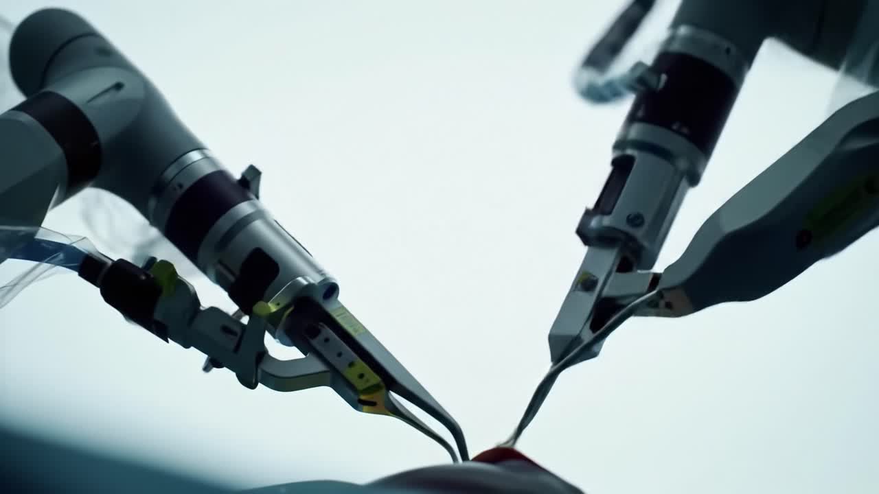 Advanced robotic arms perform intricate surgical tasks, enhancing precision and efficiency in a high-tech operating room. This cutting-edge technology revolutionizes patient care.