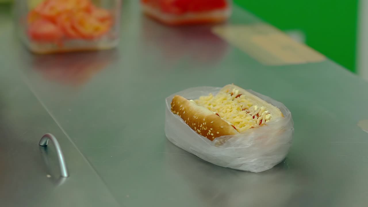 cu cocinero en cámara lenta prepara un perrito caliente pone la salchicha frita en él