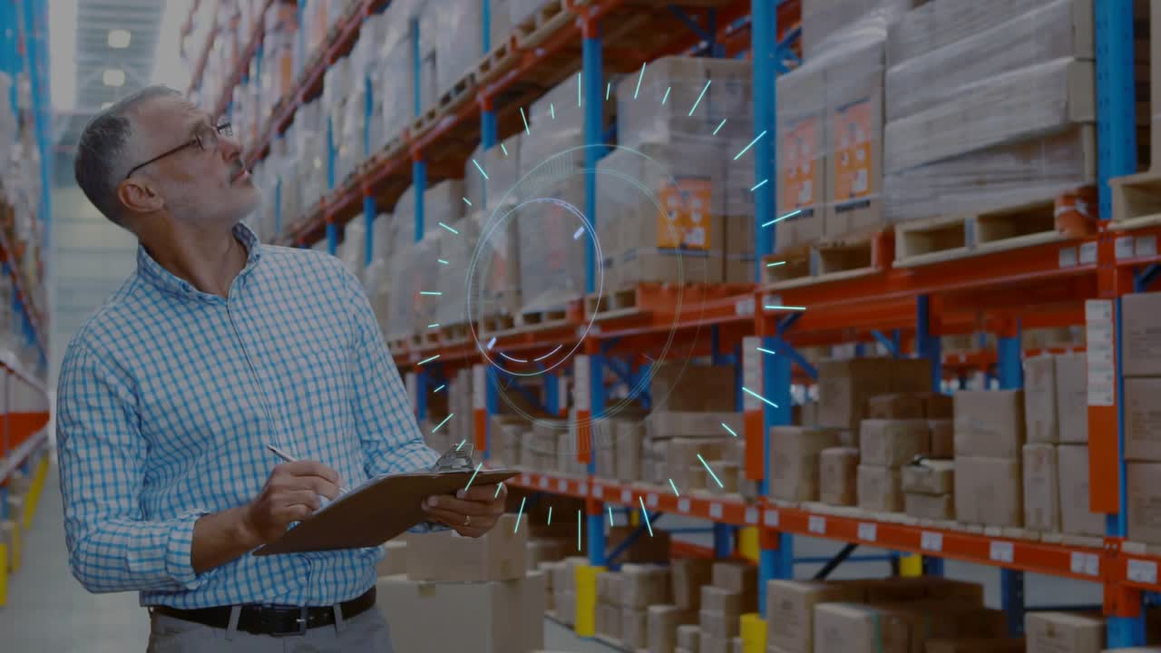 Warehouse supervisor writing on clipboard while blue HUD appearing and guiding inventory checks