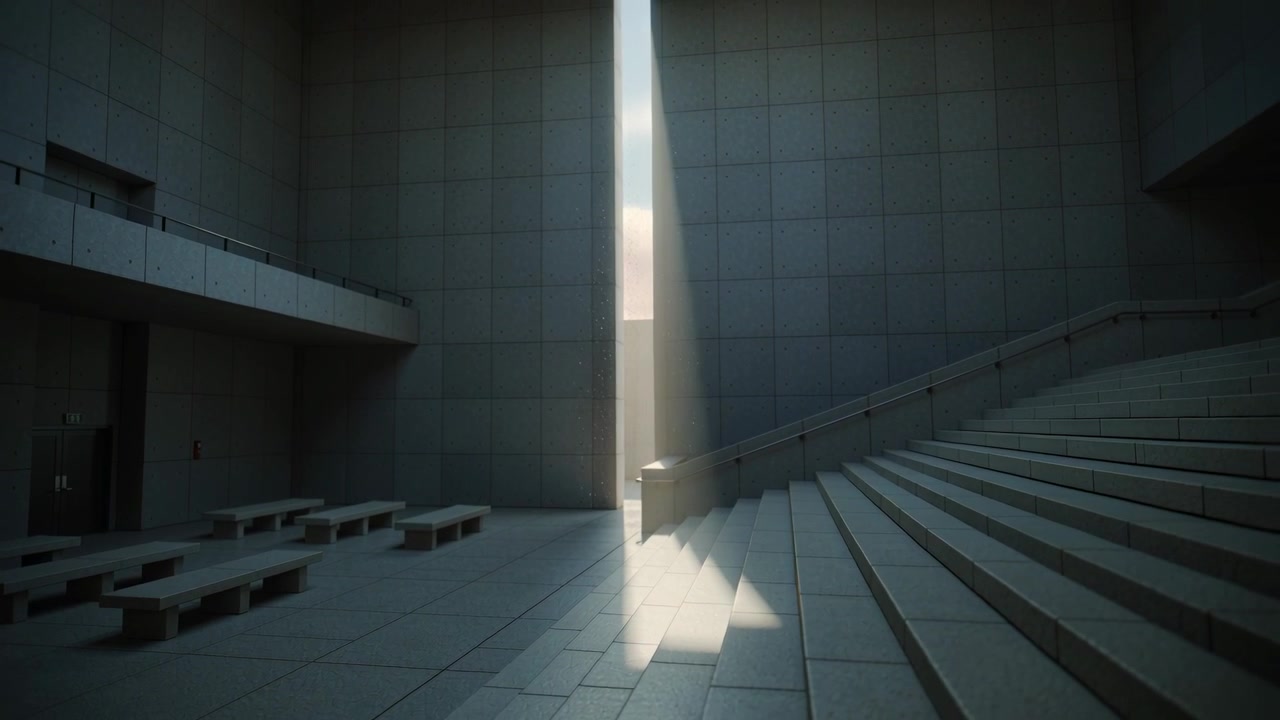 Shifting vertical light shaft sliding across atrium floor and stairs as sun shifts