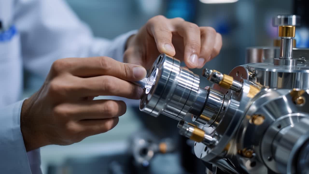 Scientist adjusts a complex metallic instrument with precision. Hands show careful control over scientific equipment. Focus suggests deep concentration in advanced research