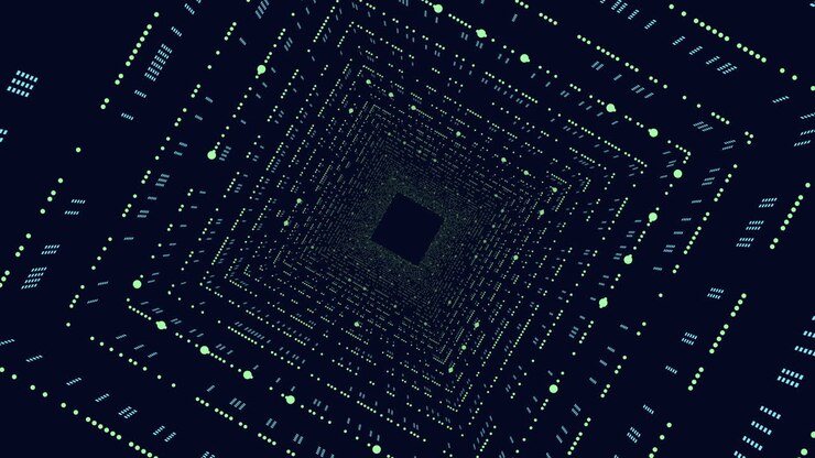 Futuristic cubes with neon dots and lines in vertigo on dark gradient