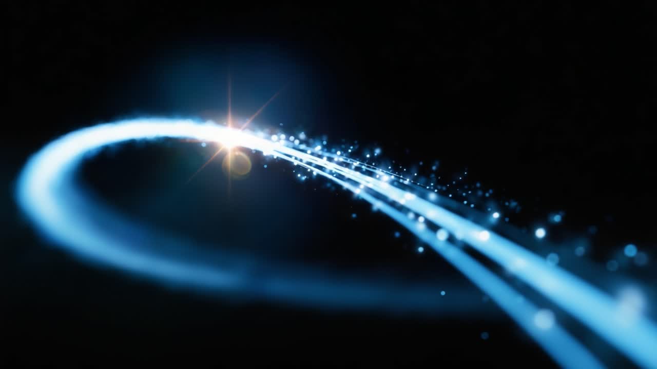 A mesmerizing glimpse into a flowing stream of energy, showcasing vibrant light trails and sparkling particles against a dark background, evoking a sense of motion and wonder