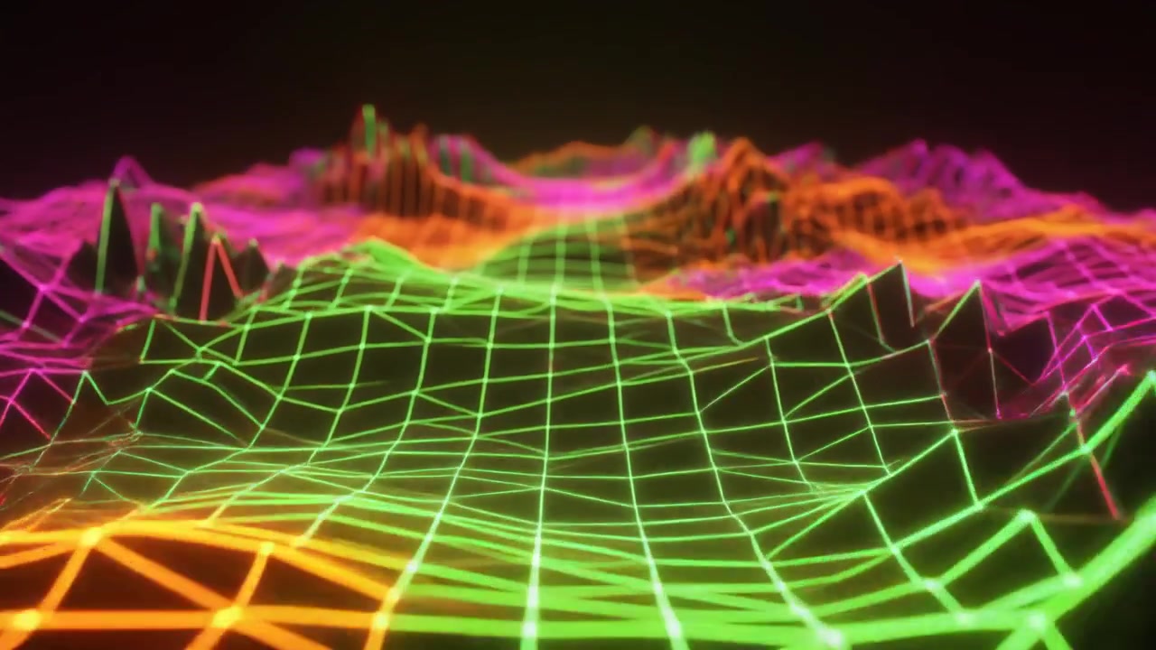 Abstract Neon Wireframe Landscape Moving in Digital Space