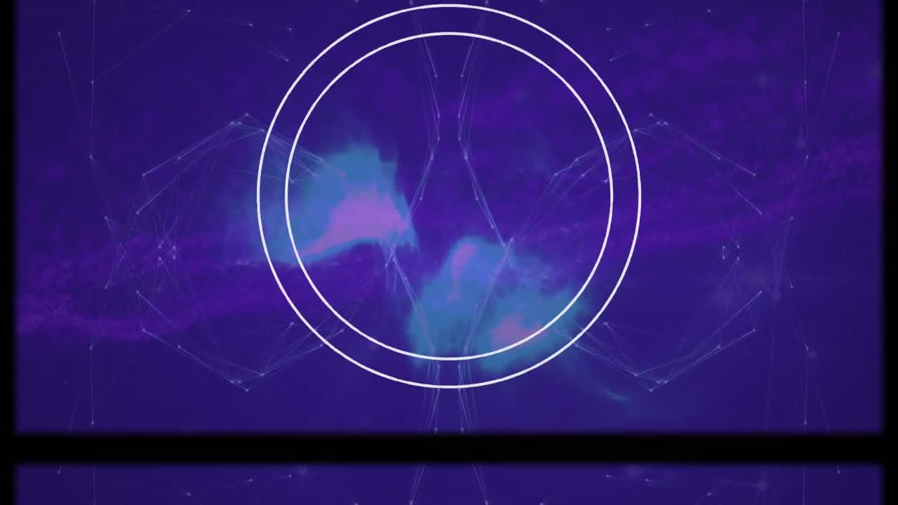 animaciones de formas geométricas y red de conexiones sobre un fondo púrpura