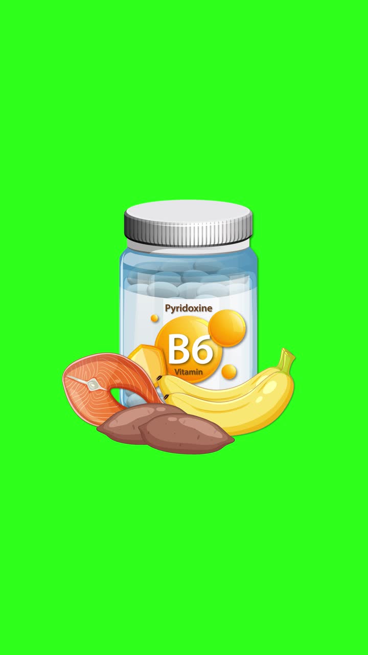 Botol Vitamin B6 dengan pisang, ubi jalar, dan jeruk bali muncul, beranimasi dengan mulus di latar belakang hijau