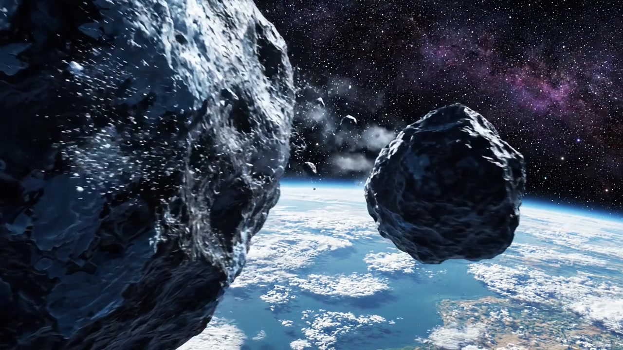 Una vista mozzafiato di un asteroide in orbita attorno alla Terra su uno sfondo di stelle e bellezza cosmica, illuminato da soli distanti e dall'universo infinito.