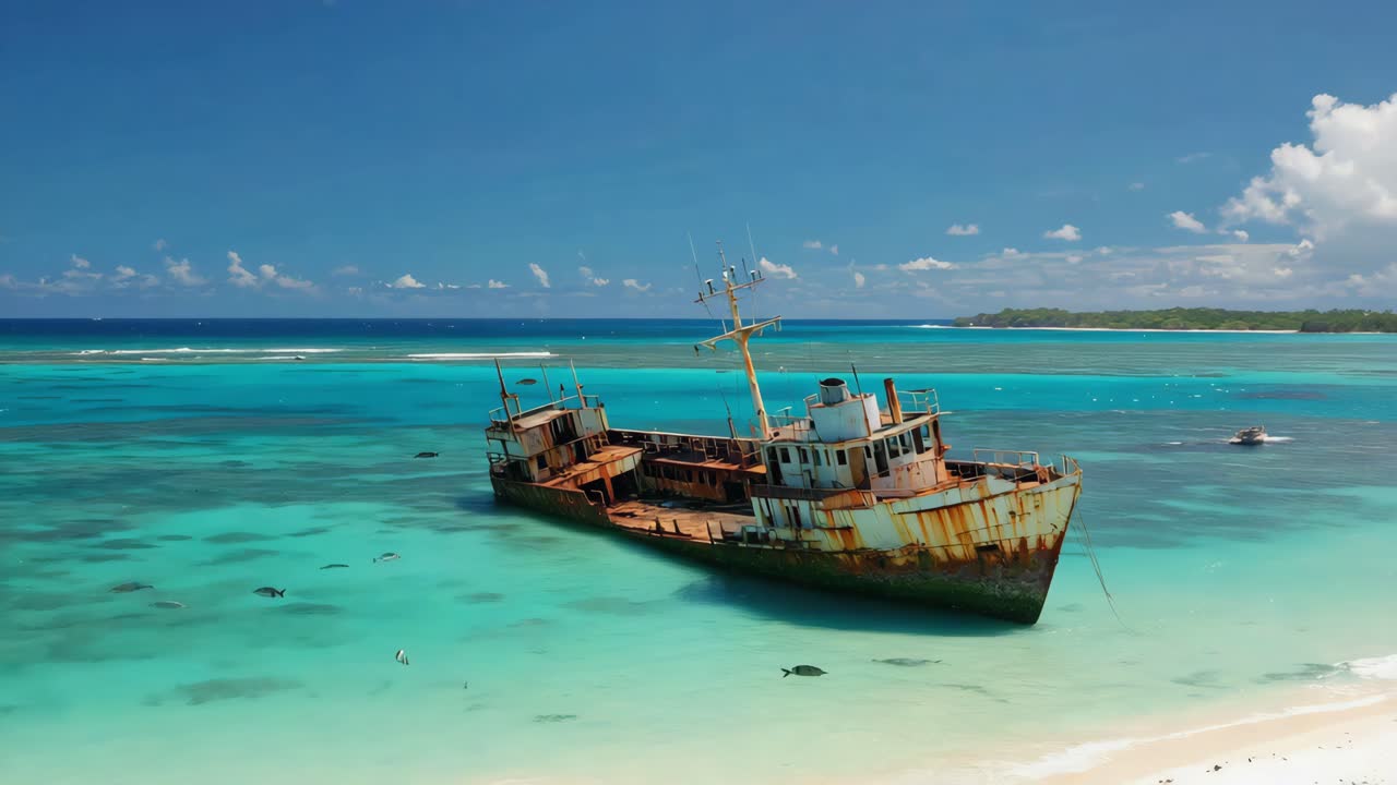 열대 해변 에서 침몰 한 배