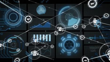 animation of data processing with network of connections on black background