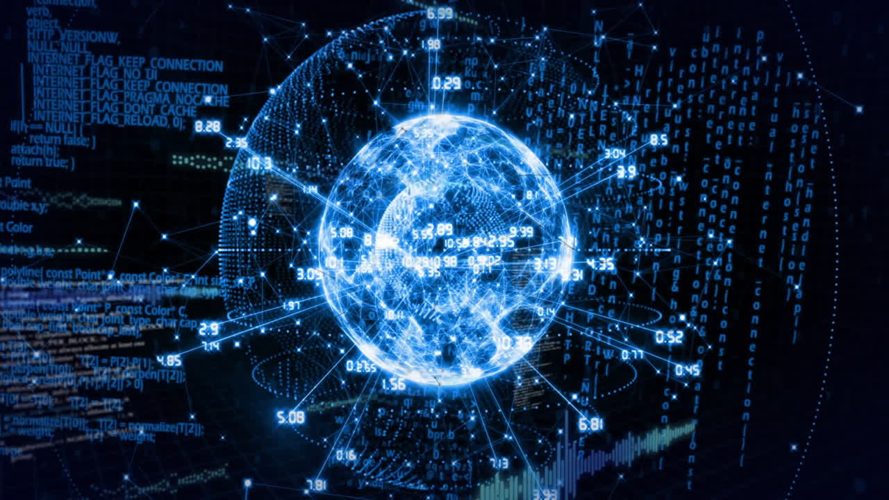 Animation of glowing digital globe surrounded by binary code in school setting