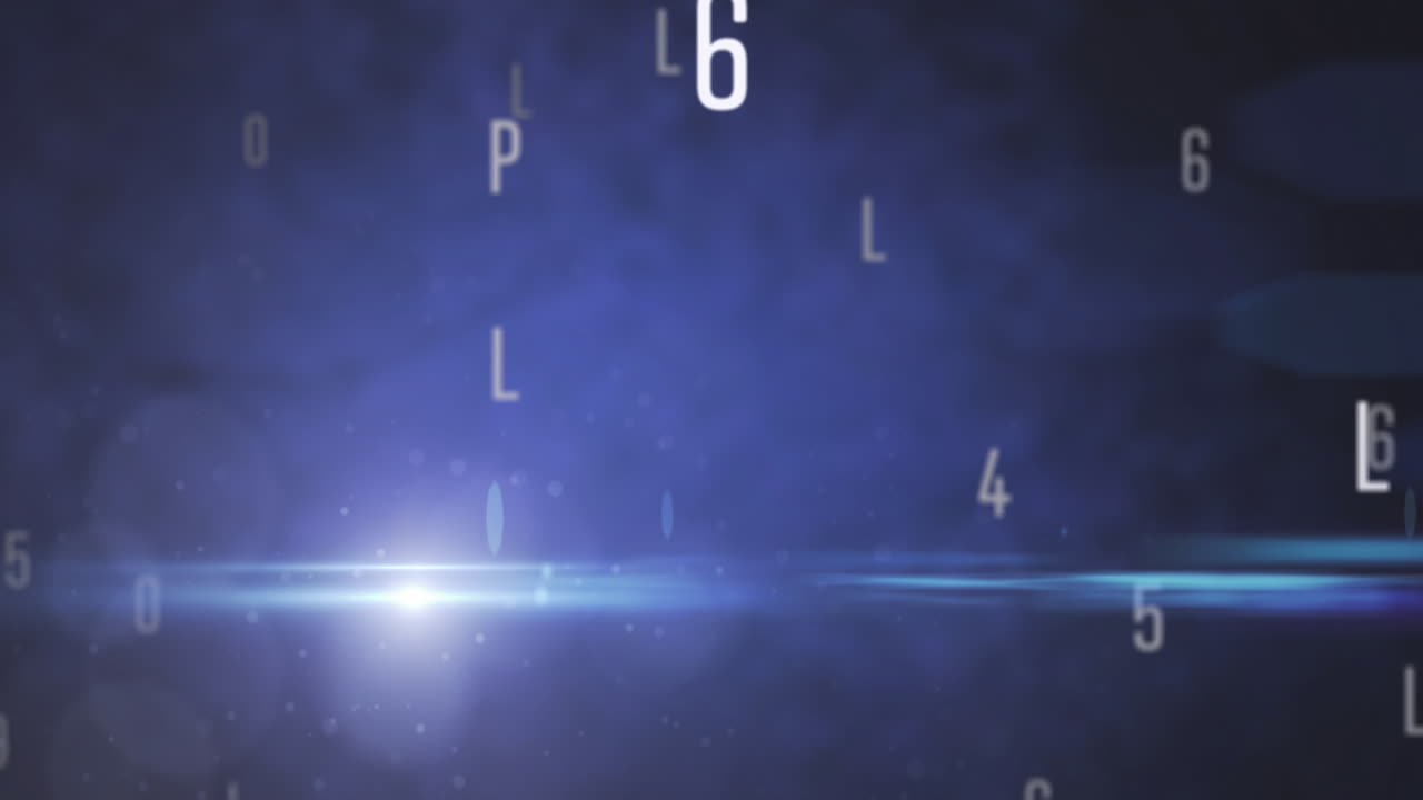 Animated numbers, letters, and light spot on blue for education.