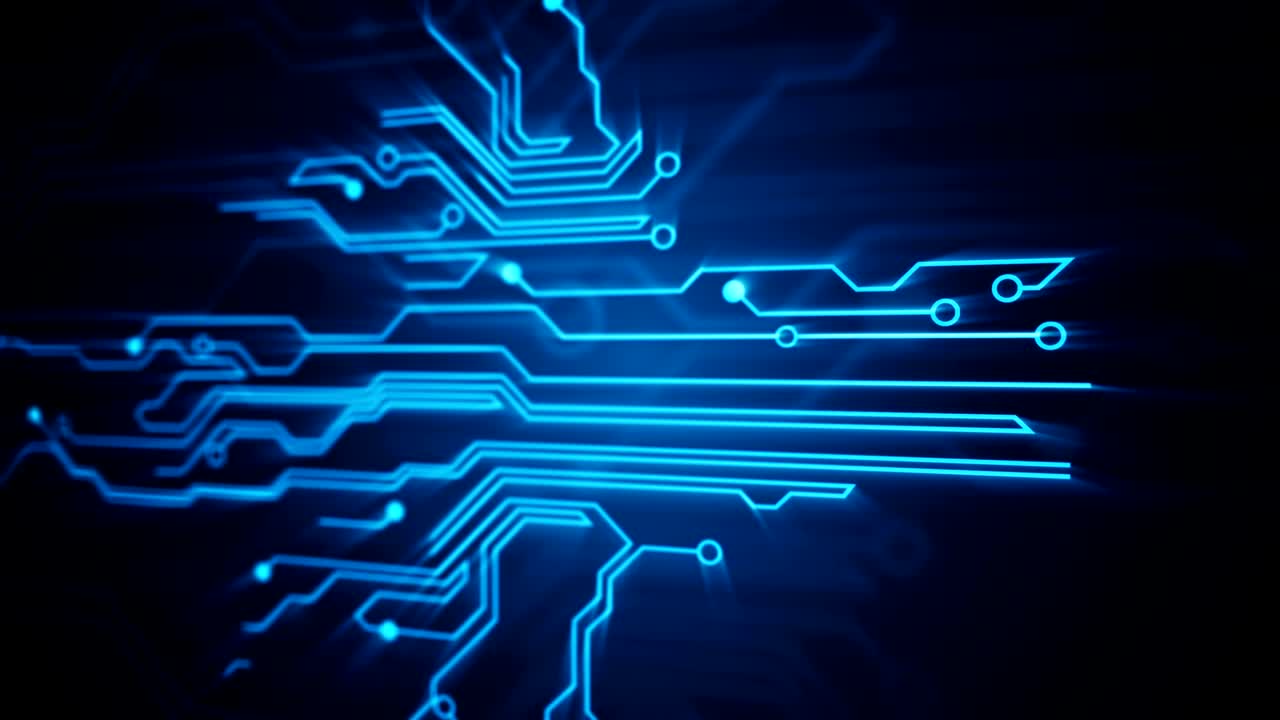 las líneas azules dibujadas por puntos brillantes eventualmente crean una imagen abstracta de una placa de circuitos. puede representar conexiones electrónicas, comunicación, tecnología futurista.