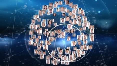 Animation of people&#039;s photos with network of connections over globe