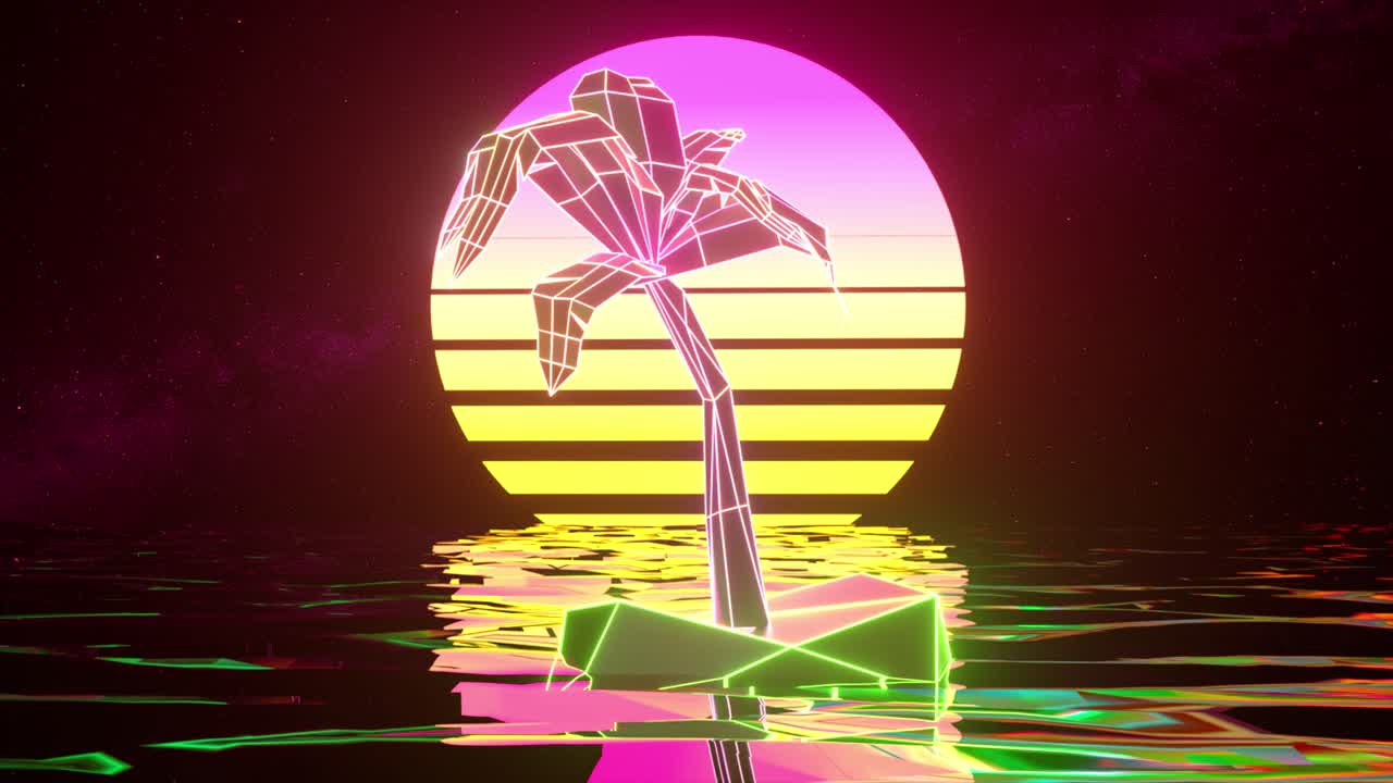 ocaso de la isla retro de los años 80 con palma