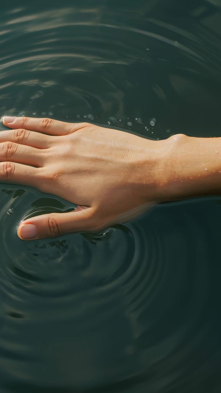 Vertical video: Placing bare hand skimming dark pond water, creating overlapping circular ripples