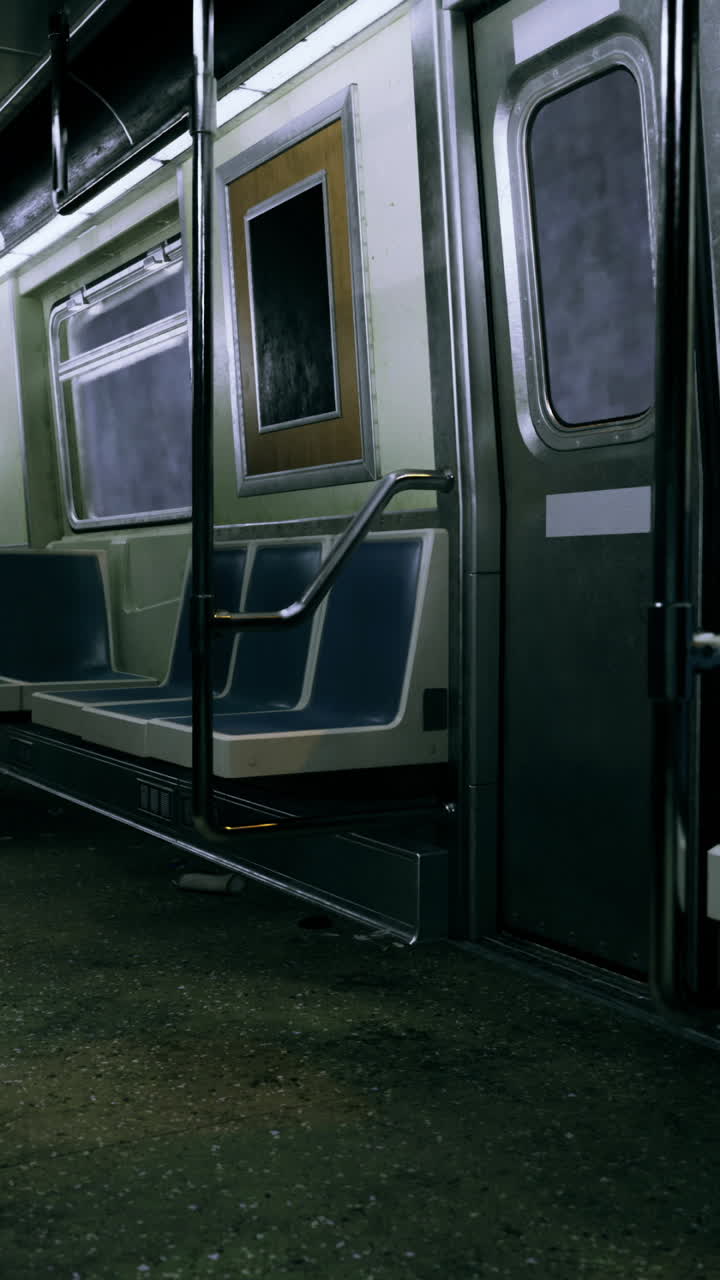 Interni di una carrozza della metropolitana vuota durante le ore notturne in una città