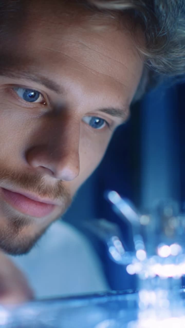 A focused individual intensely observing a transparent object illuminated by soft light, showcasing a blend of curiosity and fascination with intricate details