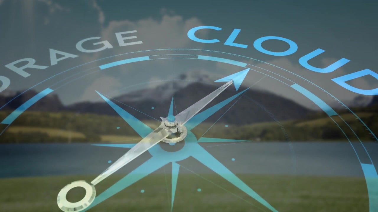 Holographic compass being projected on meadow lake, showing metallic needle, glowing CLOUD STORAGE